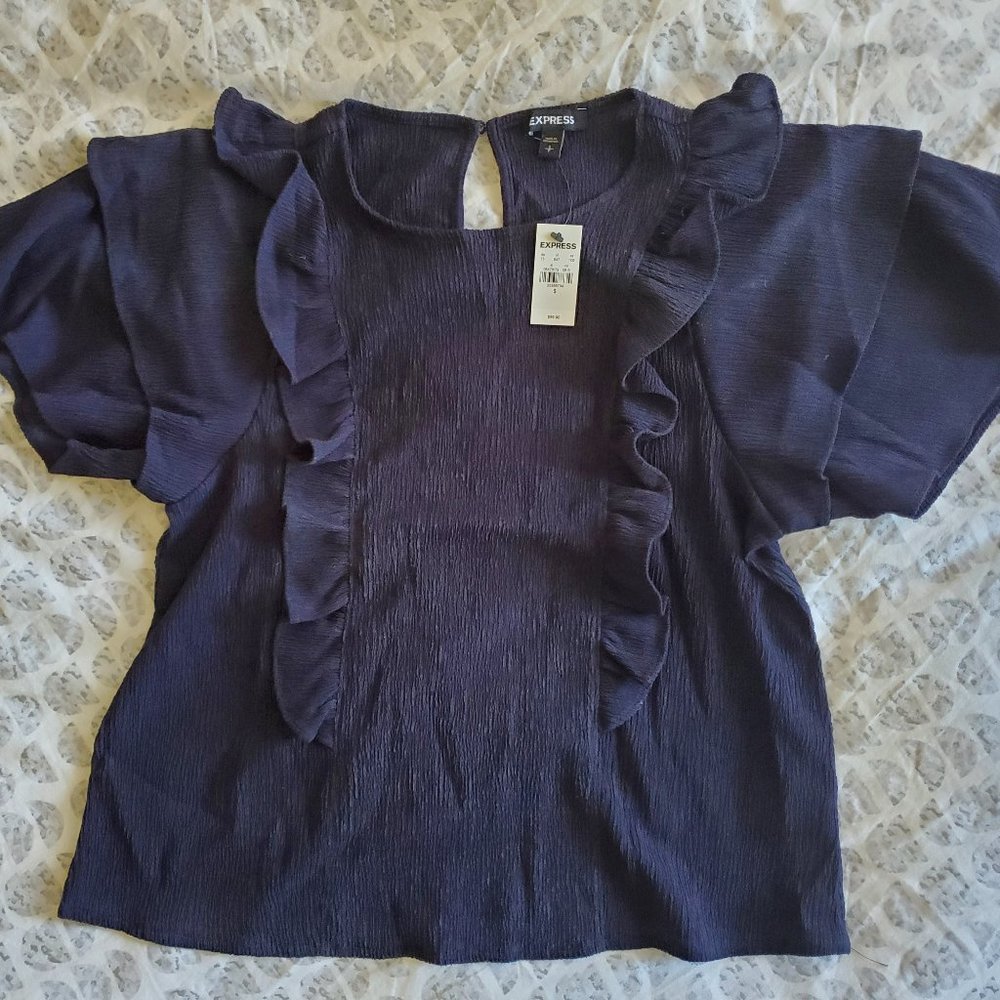 Express Textured Double Ruffle Top, size Small, Navy - Picture 2 of 3